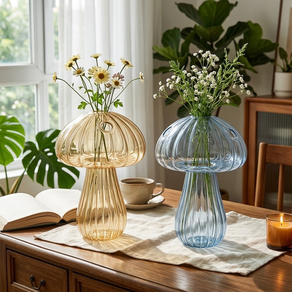 Mushroom Glass Propagation Vases, Set of 2 – Mix and Match 8 Colors, Glass Bud Vases for Cuttings and Small Flowers