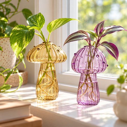 Mushroom Glass Propagation Vases, Set of 2 – Mix and Match 8 Colors, Glass Bud Vases for Cuttings and Small Flowers