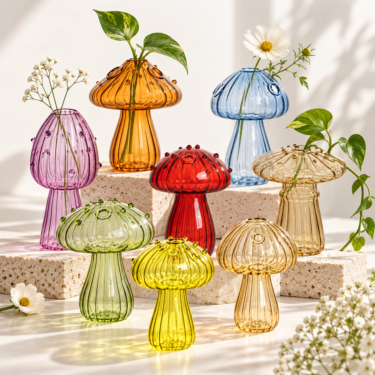 Mushroom Glass Propagation Vases, Set of 2 – Mix and Match 8 Colors, Glass Bud Vases for Cuttings and Small Flowers