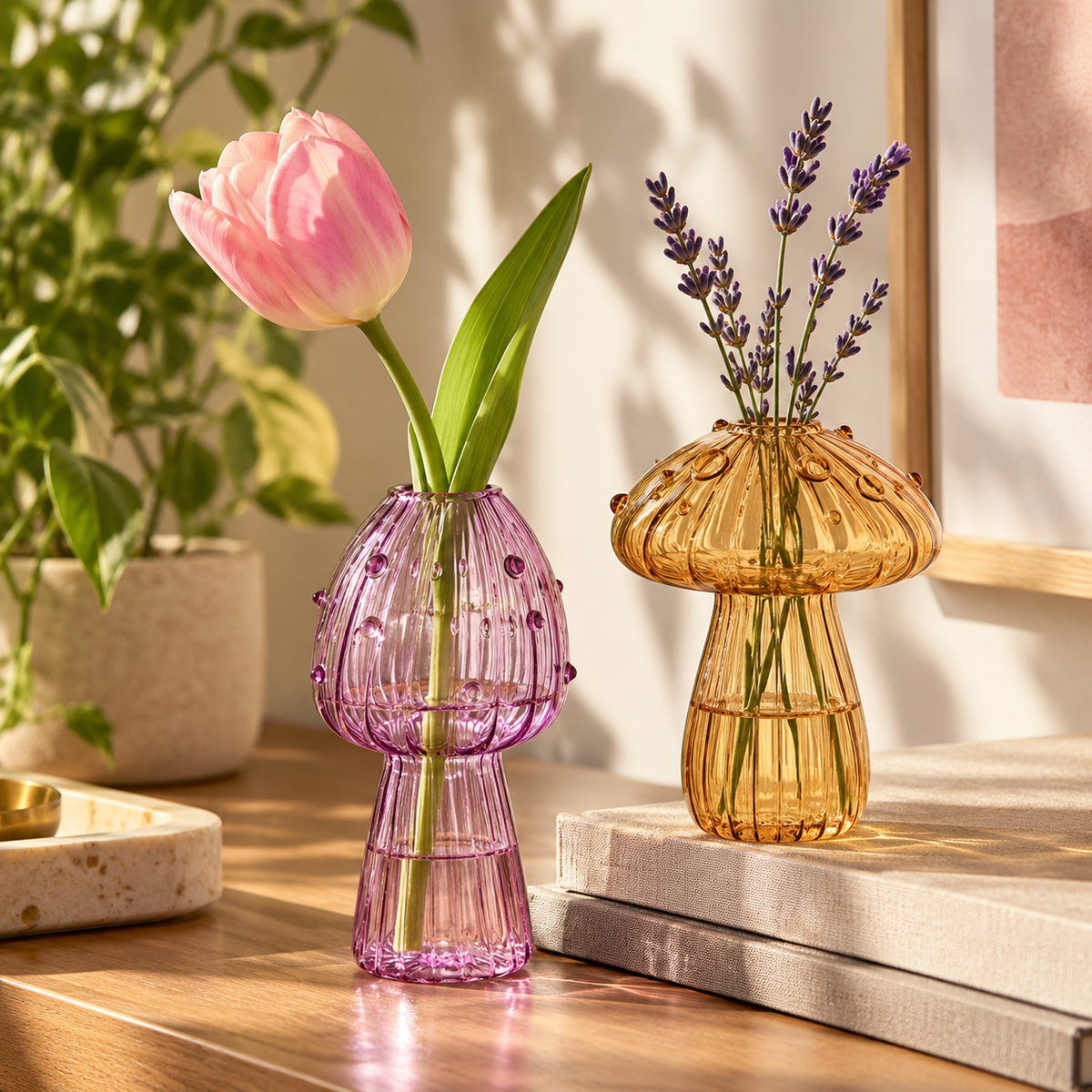 Mushroom Glass Propagation Vases, Set of 2 – Mix and Match 8 Colors, Glass Bud Vases for Cuttings and Small Flowers