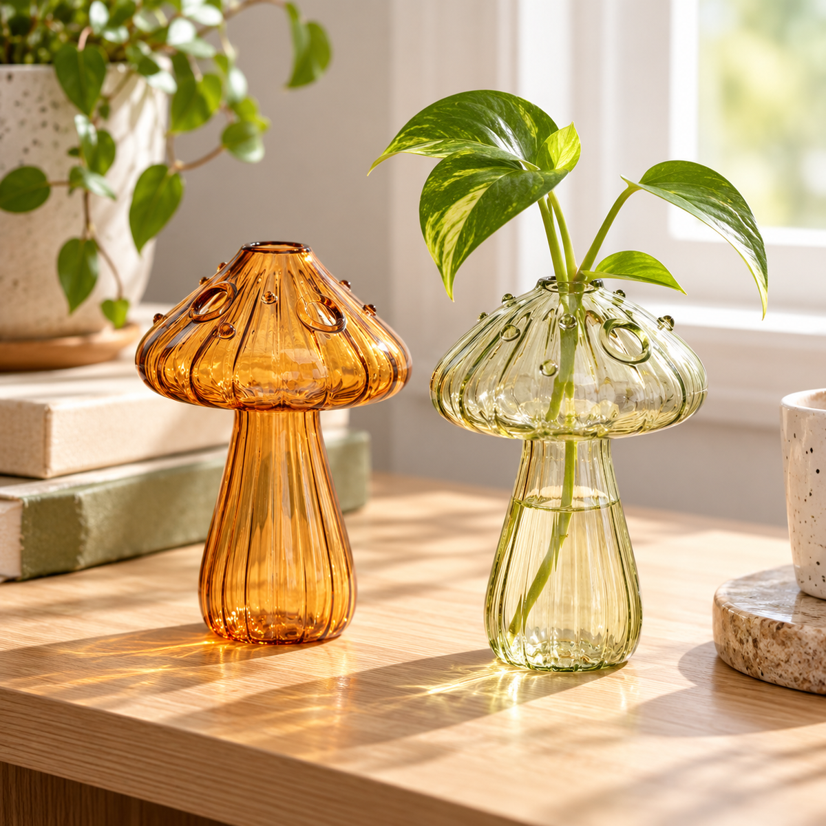 Mushroom Glass Propagation Vases, Set of 2 – Mix and Match 8 Colors, Glass Bud Vases for Cuttings and Small Flowers