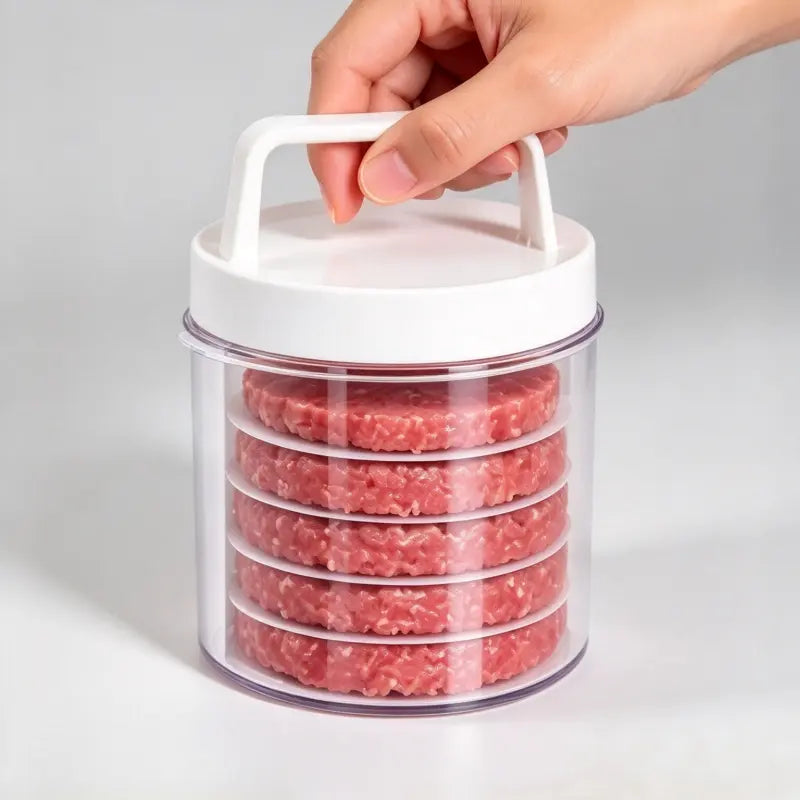 Multifunctional Manual Hamburger Patty Maker, Stackable Non-Stick Burger Press Mold with Layered Storage Design, Freezer Safe Burger Patty Storage Container with 4pcs Gaskets, Home Kitchen BBQ Cooking Tool