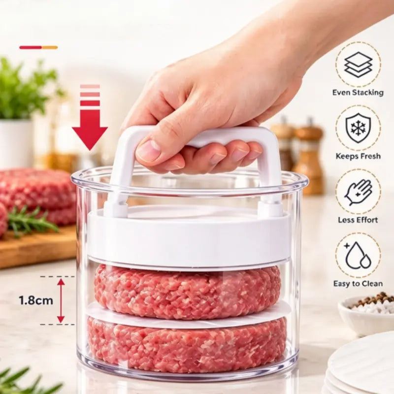 Multifunctional Manual Hamburger Patty Maker, Stackable Non-Stick Burger Press Mold with Layered Storage Design, Freezer Safe Burger Patty Storage Container with 4pcs Gaskets, Home Kitchen BBQ Cooking Tool