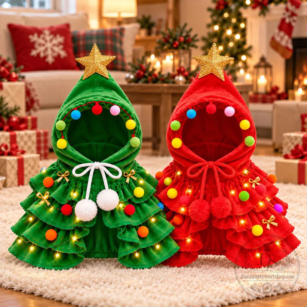 Christmas Tree Dog Cat Costume Cape With Pom-Poms
